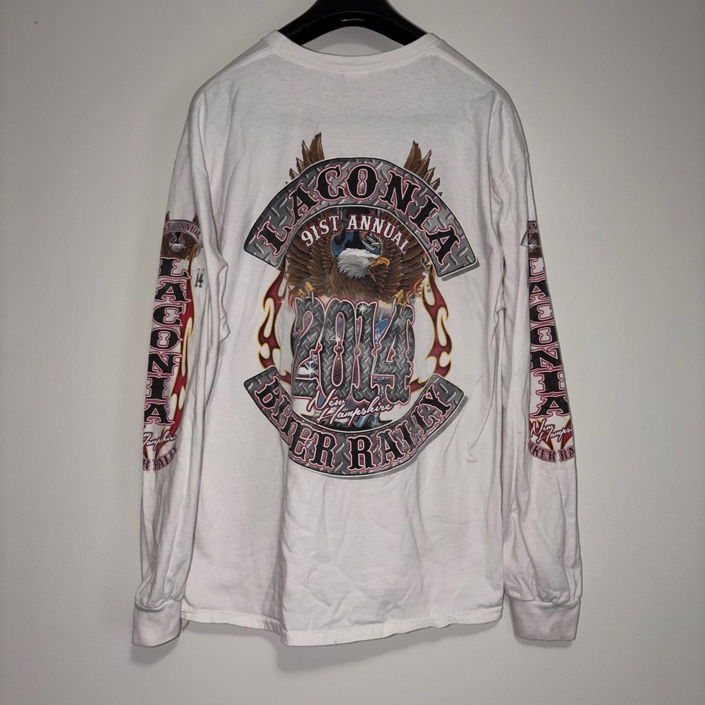 Gildan Laconia Biker Rally 2014 Long Sleeve Graphic T-Shirt White XL